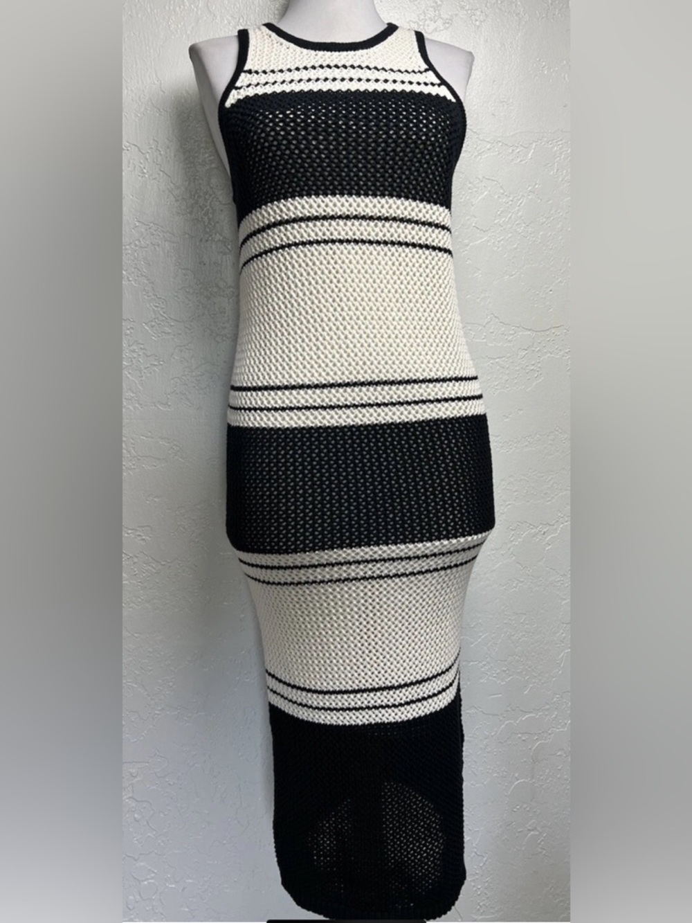 FRAME Crochet Knit Midi Racer-Back Tank Dress Sz S Black Ivory Striped Lined